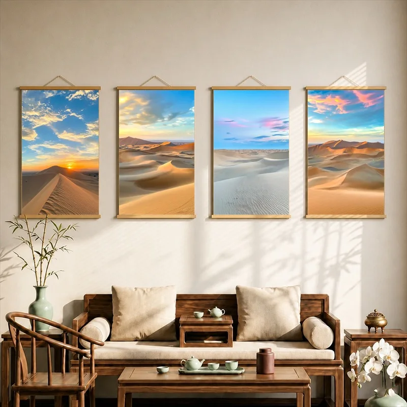 Wall Art Desert Dunes beneath Blue and Rose Skies, Soft Neutral Tone Pearlescent Canvas Hanging Scroll for Glamping Tent Resort