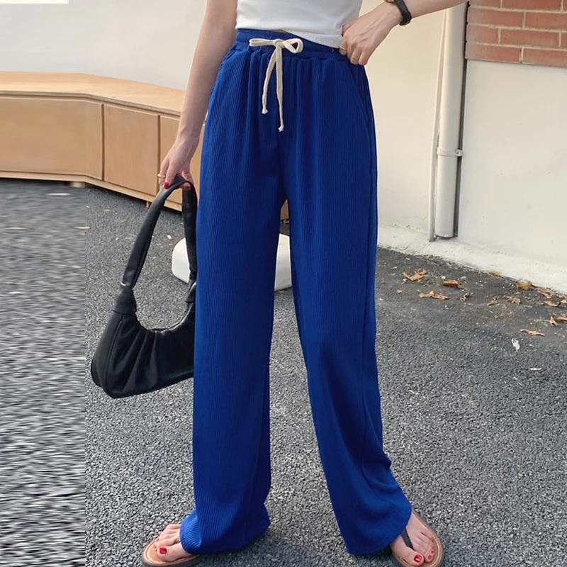 

6 Colors Solid Women Wide Leg Pants Elastic Waist Drawstring Loose Long Rib Knit Trousers Summer Casual Sport Streetwear 여름 바지