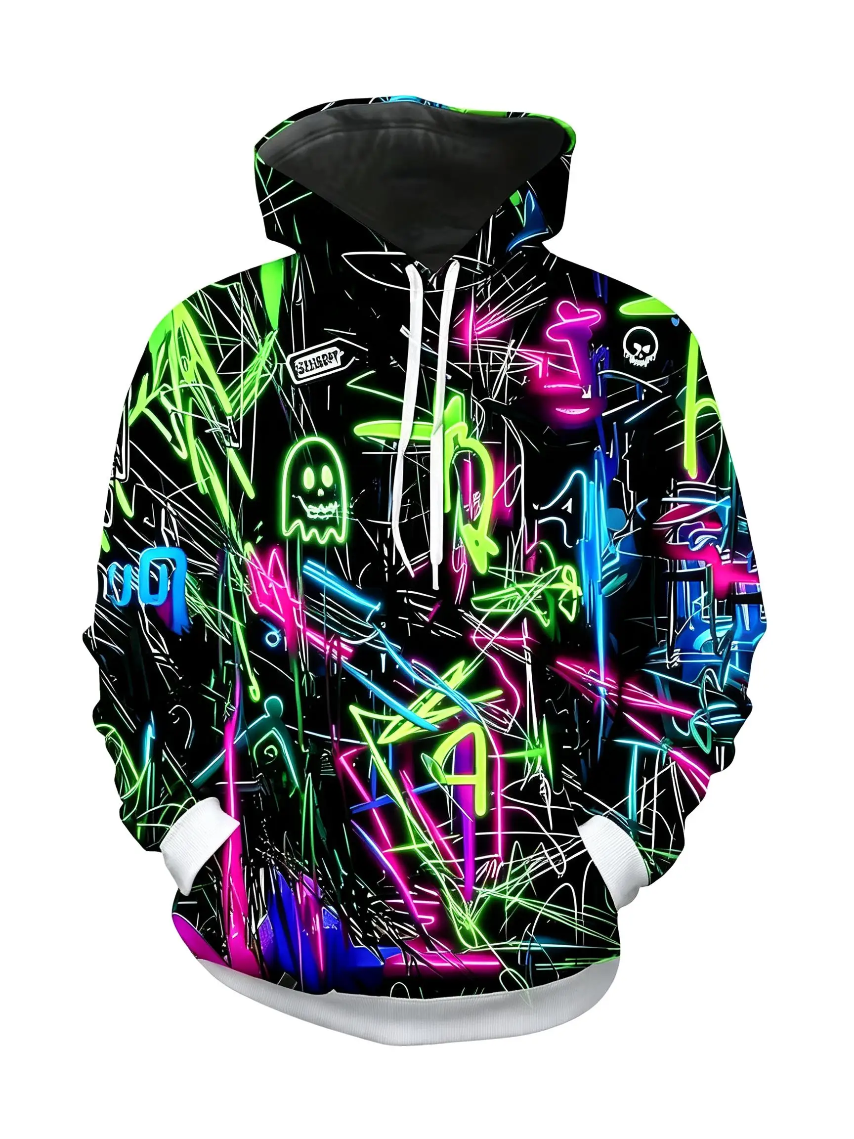 Men's Hoodie Thin Autumn Winter Neon Graffiti Street Art Print Long Sleeve Male Casual Streetwear Sweatshirt Tops Clothes