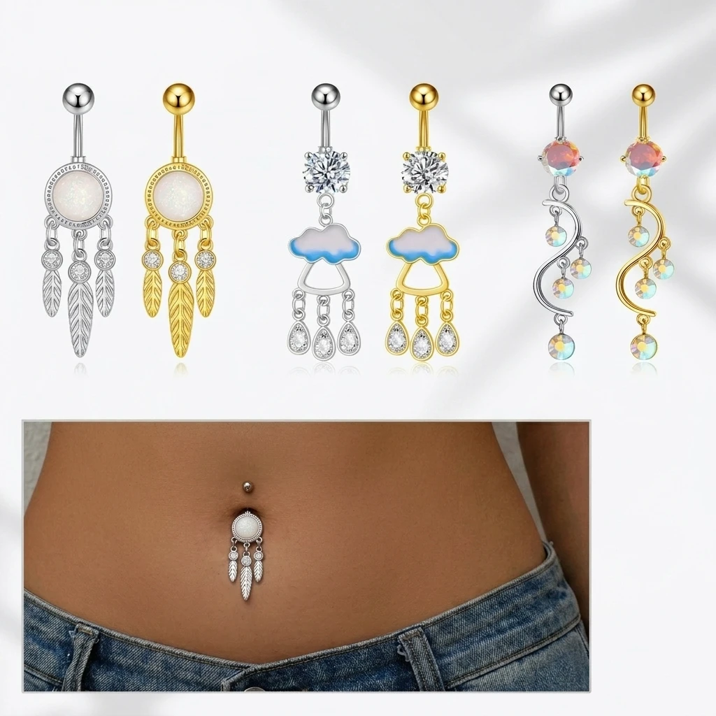Titanium Navel Rings Cloud Raindrop Dangle Belly Button Piercing Jewelry CZ Crystal Belly Button Rings Fashion Body Piercing