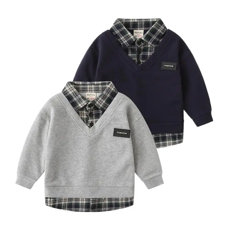 Autumn Infant Babys Boys Sweatshirts Cotton Plaid Collar Sticker Toddler Boy Pullovers Casual Patched Long Sleeve Kids Boys Tops