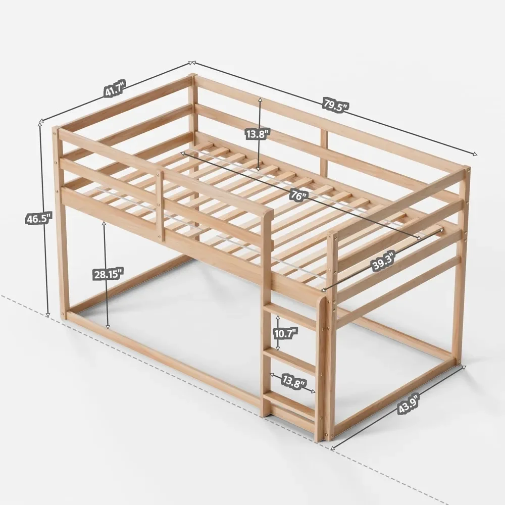 Low Bunk Bed Twin Over Twin, Floor Bunk Bed with Ladder, Twin Bunks Beds with Full Guardrails, Wooden Bunk Bed for Juniors,Kids