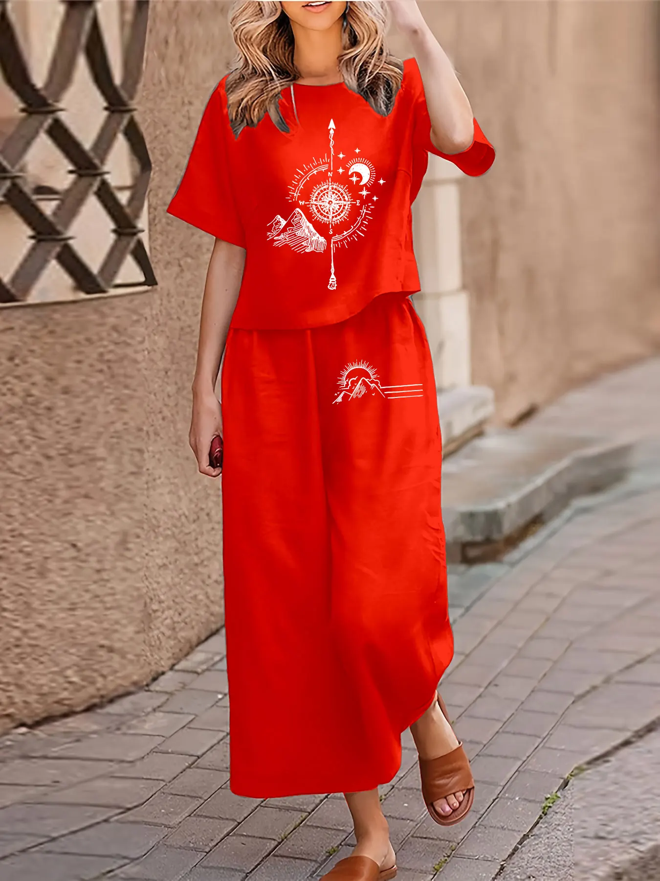 Setelan Dua Potong Kasual Wanita Ukuran Besar Celana Panjang T-shirt Lengan Pendek Print Dua Potong Set Crewneck Longgar