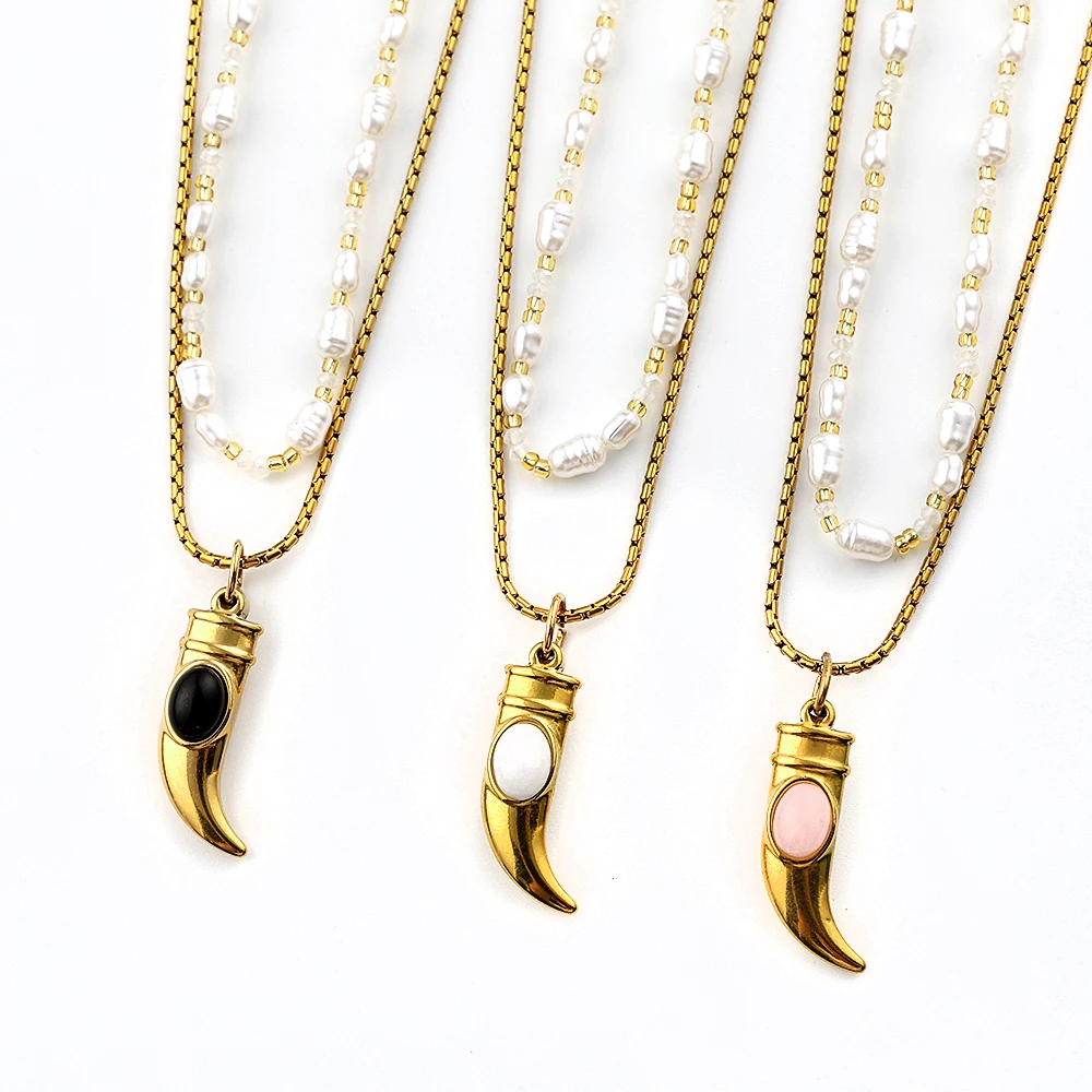

Double-layer Stainless Steel Black Stone Horn-shaped Pendant Choker Necklace For Women Imitation Pearls Beaded Chain Jewelry