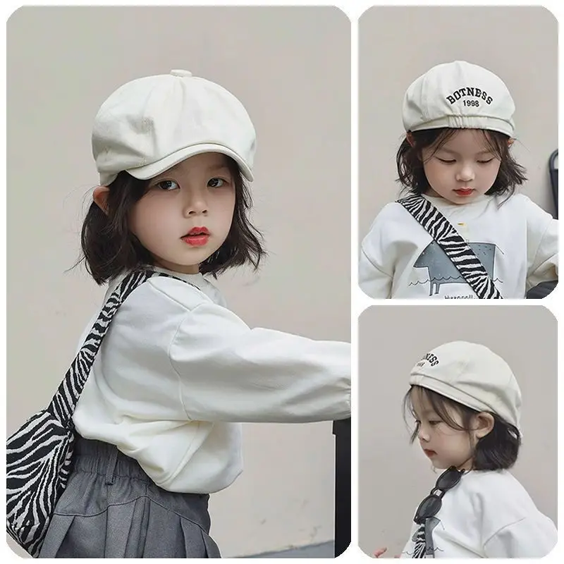 

Корейская детская восьмиугольная шапка с вышивкой букв, детские шапки вперед, От 2 до 6 лет, детская однотонная короткая кепка с карнизом в виде утконоса, козырек для малышей