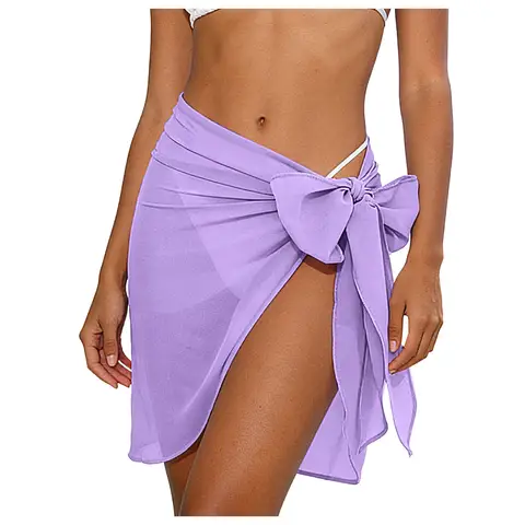Saia Mini Sarong Feminina de Chiffon com Laço na Cintura, Saia Envolvente Transparente de Malha com Laço, Saia Curta de Malha Transparente para Praia e Saída de Praia Feminina para o Verão