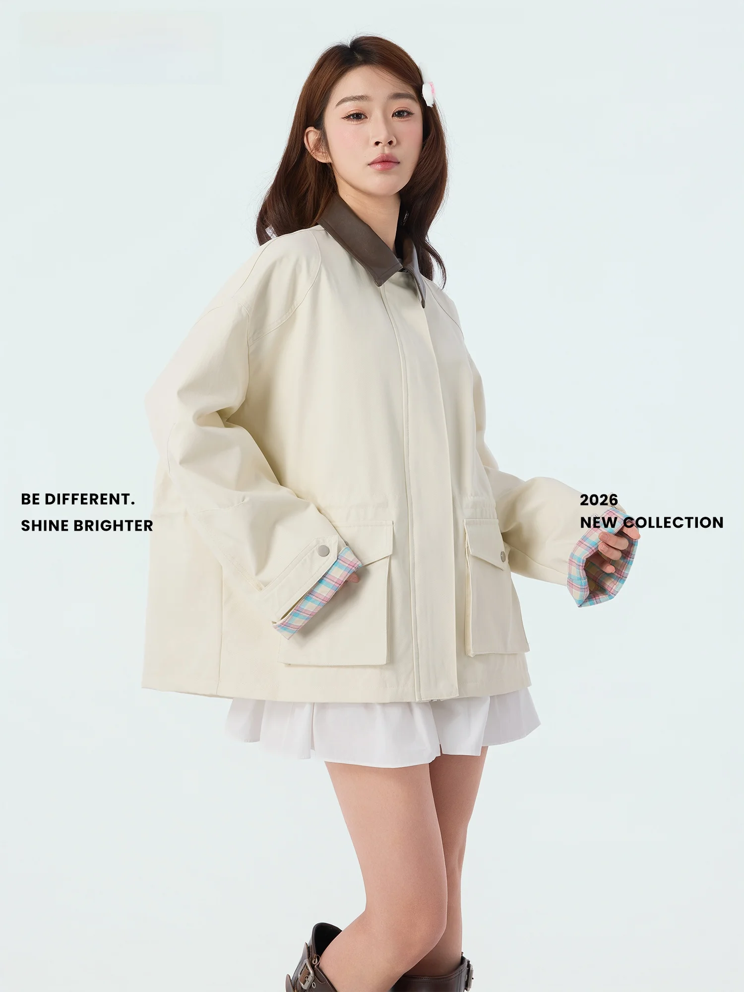 

Didimax Spring New Casual Loose ort Jaet Turn-down Collar Apricot Barn Sle Women's Cotton Long Sve Mid-length Zipper