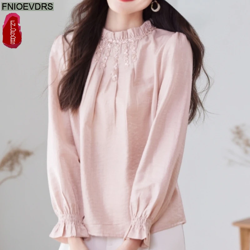 

Bling Beaded Tops Blouses New Year Cute Girls Woman Commuter Lady Floral Print Retro Vintage Ruffles Basic Embroidery Shirts