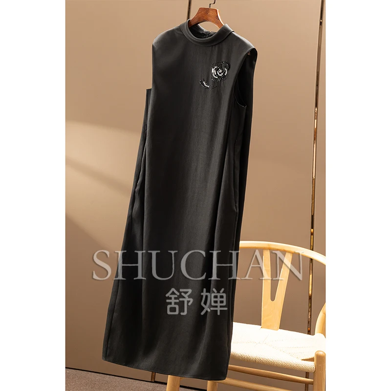 جديد أنيق جدا! فستان نسائي من الحرير الفرنسي G على الوجهين من الساتان والخرز المطرز بخصر بدون أكمام 0Y89