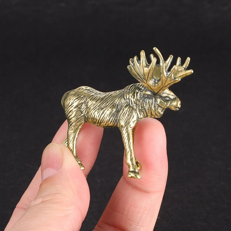 Solid Brass Elk Figurines Retro Animal Moose Small Statue Desk Ornament Tea Pet Table Decorations Crafts Accessories Child Gifts