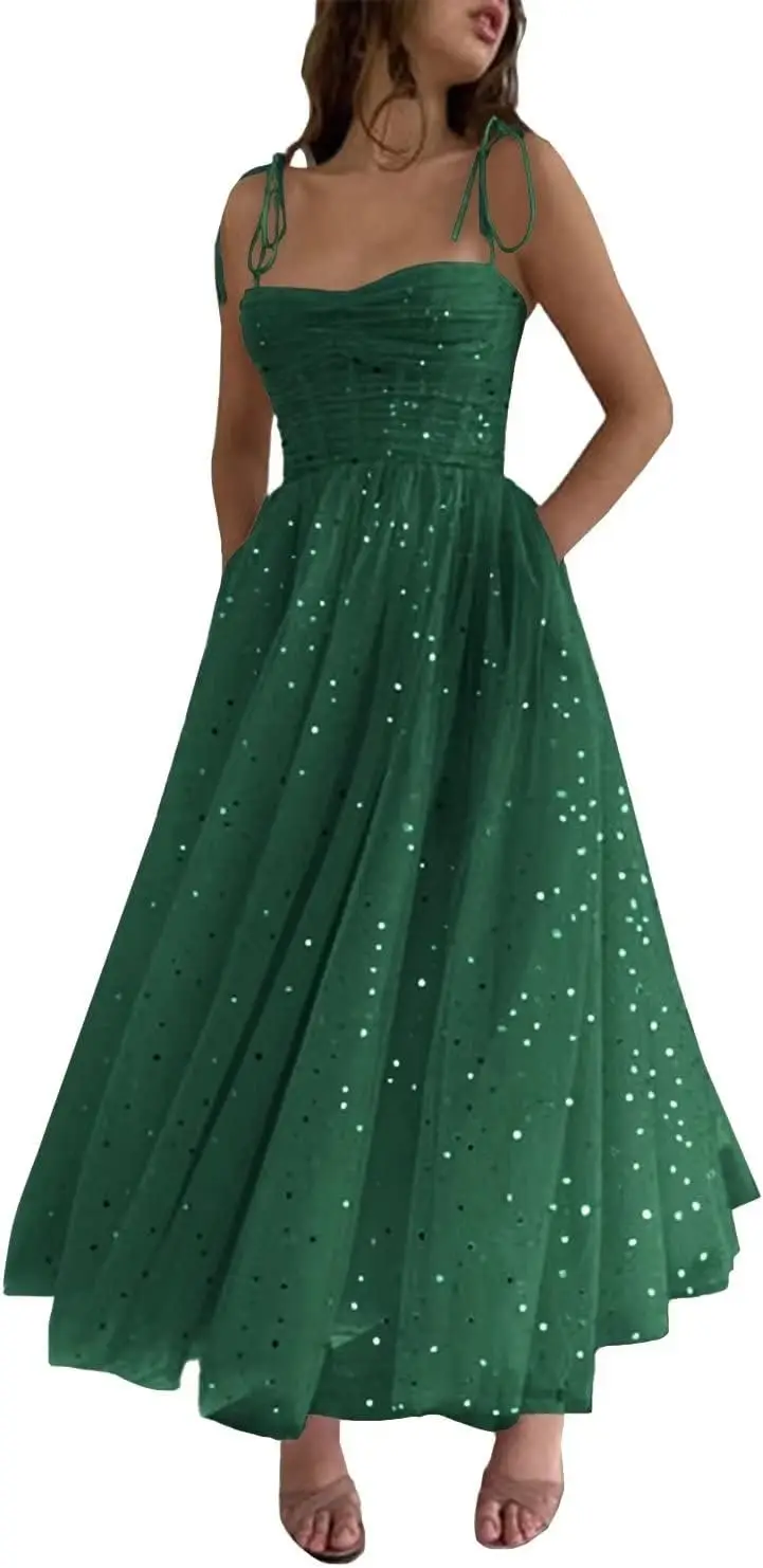 

Long Spaghetti Strap Women's Sparkle Starry Tulle Prom Dresses Tea Length Corset Formal Evening Party Gowns Luxury Dress