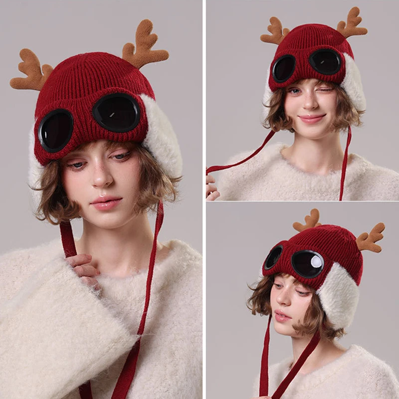 

New Trendy Autumn Winter Christmas Antlers Hairy Ear Bag Tie Rope Knitted Hat Cartoon Western Style Pilots Sunglasses Warm Hats