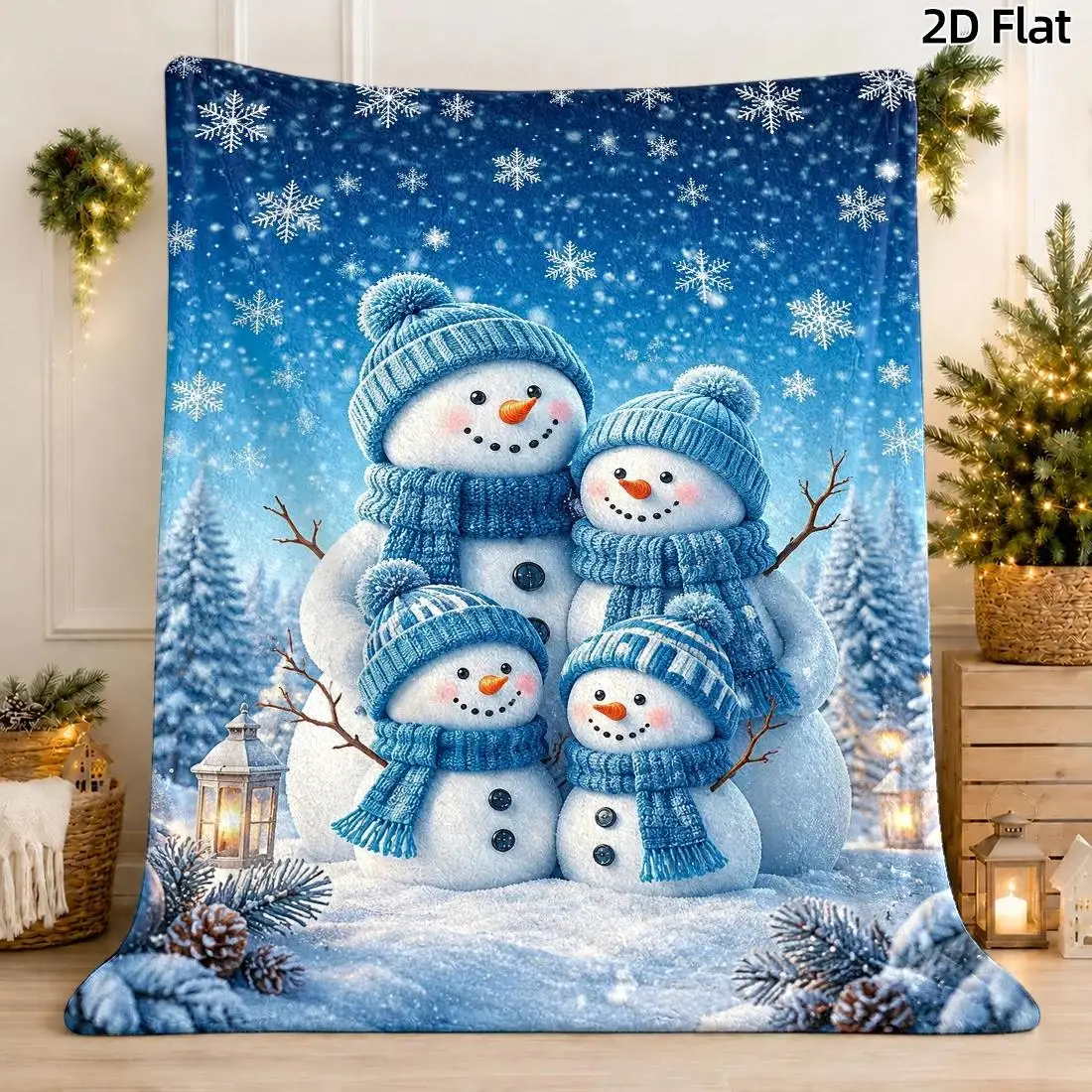 1pc 2D Flat Throw Blanket, Family Snowman Pattern, Whimsical Snowman Illustration, Cool Blue & White Snowflake Decor Blanket