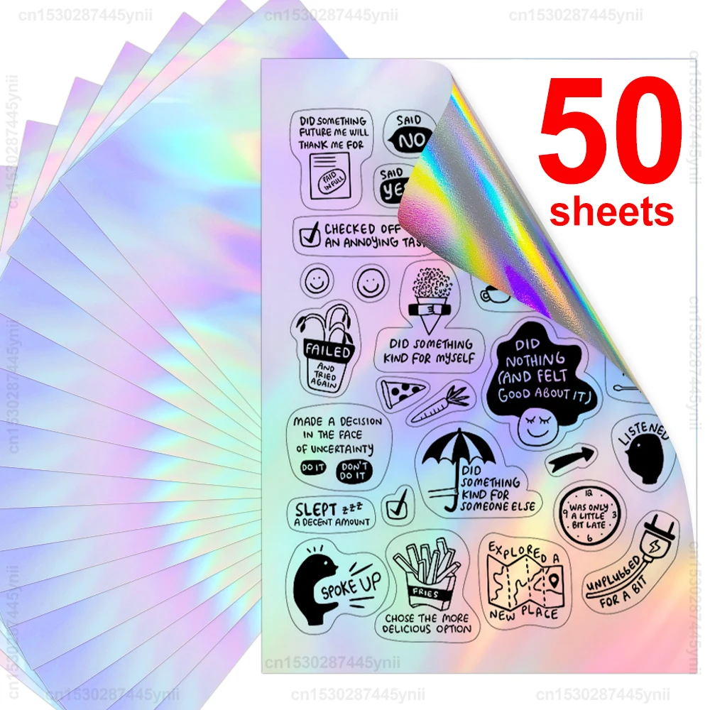 

50 Sheets Printable Vinyl Sticker Paper A4 Size Copy Paper for All Inkjet Printer DIY Holographic Glossy White Adhesive Label