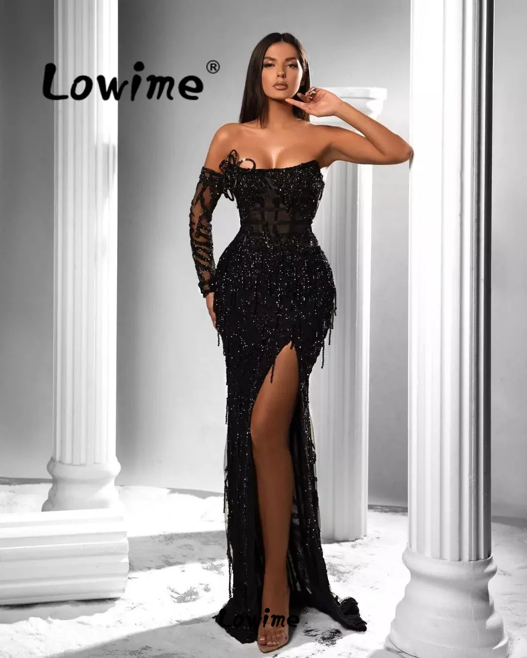 Black Prom Dress High Split Side Sexy One Shoulder Party Dresses 2024 Beaded Tassel Long Sleeve Engagement Evening Gowns Robes