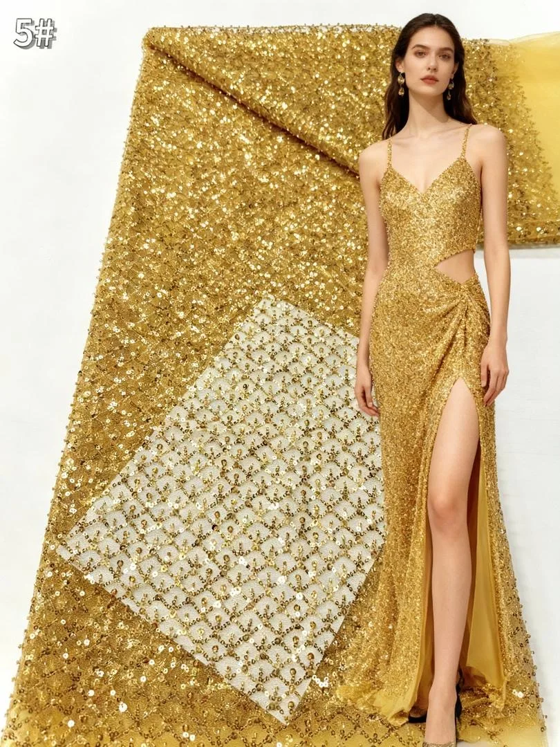 

Gold African Tulle Lace Fabric 2025 High Quality French Net Sequins Fabric Women Sewing Luxury Beaded Embroidery Nigeria Dress