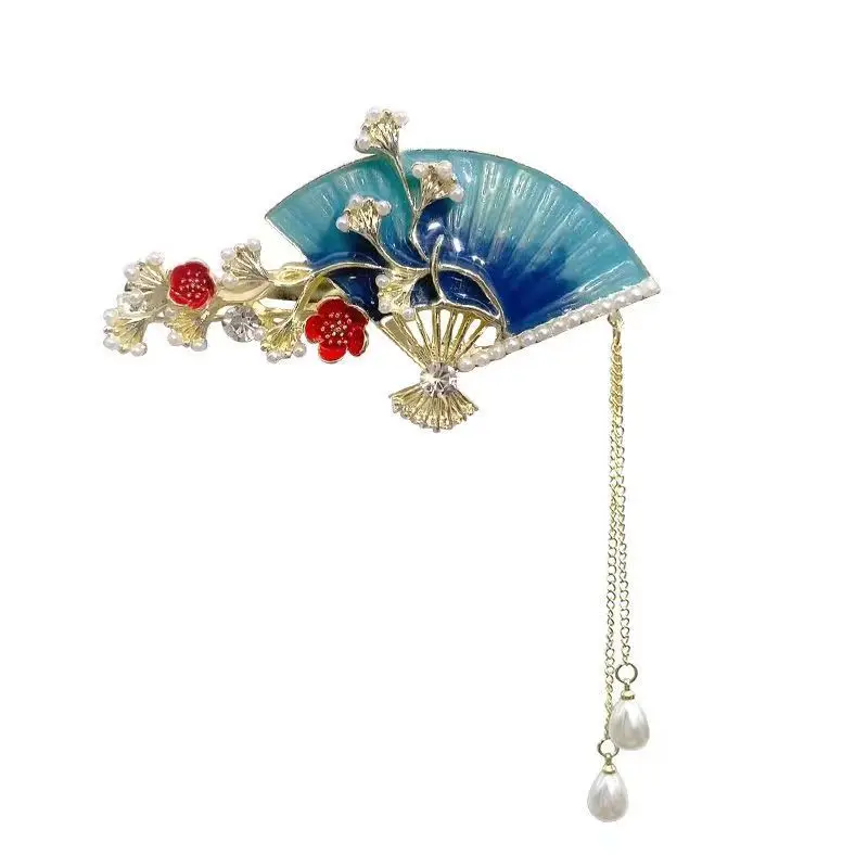 Chinese Ancient Fan-shaped Hairpin Oil Painting Flower Side Clip Temperament Pearl Tassel Hairpin Cheongsam Hanfu Accessories