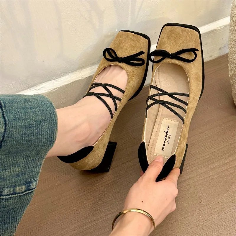 Mocassini impermeabili in pelle scamosciata con fiocco nuovo primavera da donna Camminate all'aperto Comode scarpe basse con tacco spesso slip-on Taglia 35-40