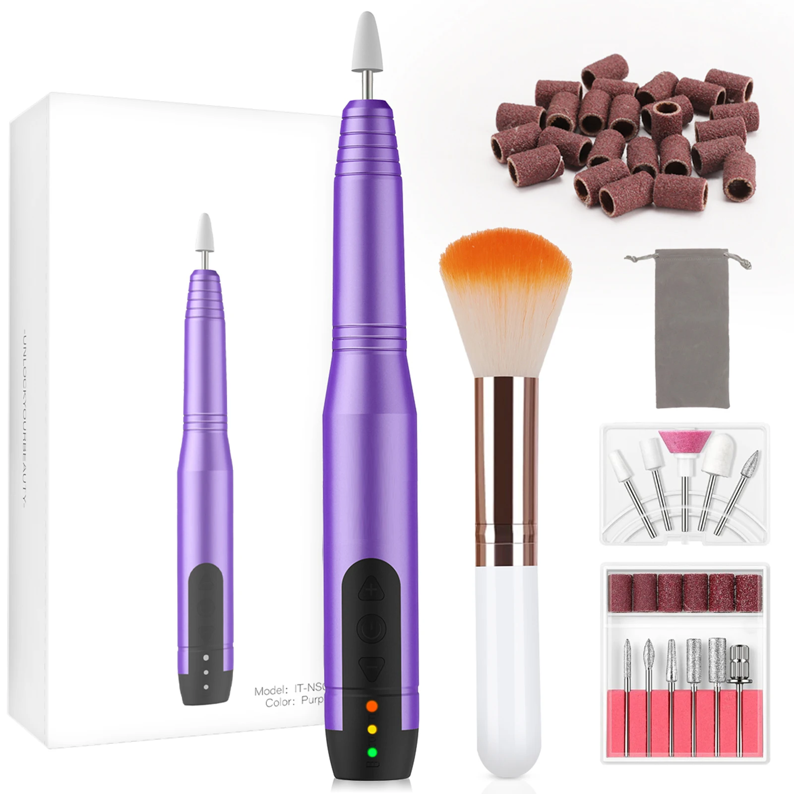 Máquina elétrica de broca de unhas, velocidade ajustável, sem fio, kit de lixa de unhas, portátil, manicure, pedicure, conjunto de polimento, roxo