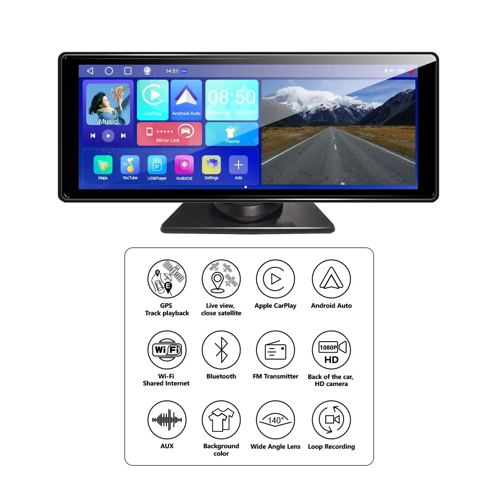 نظام أندرويد 4G WIFI 10.26 بوصة Carplay وAndroid Auto 4g Siri/google YouTube Assistant مشغل الوسائط المتعددة Adas Gps DVR