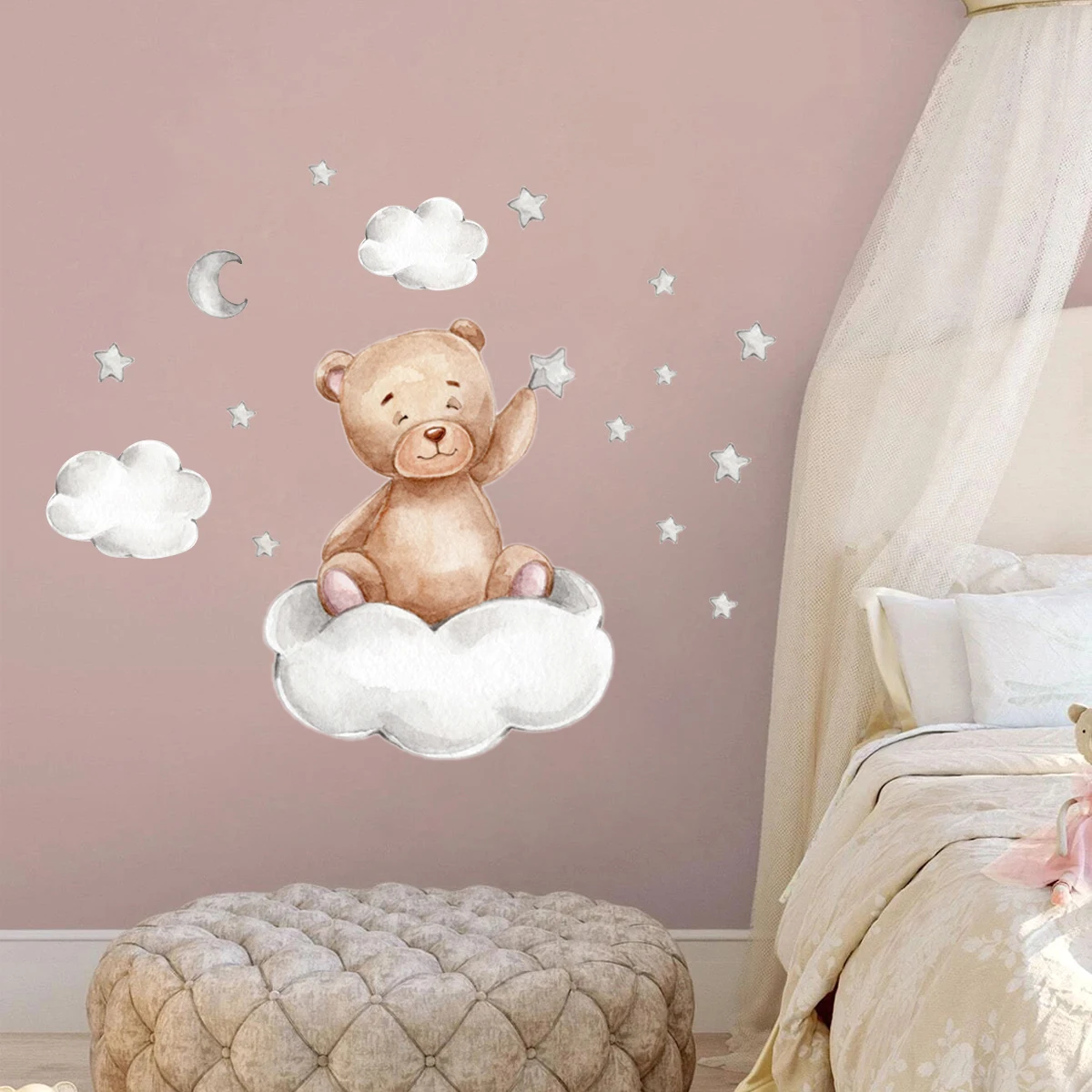 Set of 2 Cute Bear Moon and Stars Wall Stickers 45x30CM PVC Cartoon Wall Decals Home Interior Wall Art Decoration