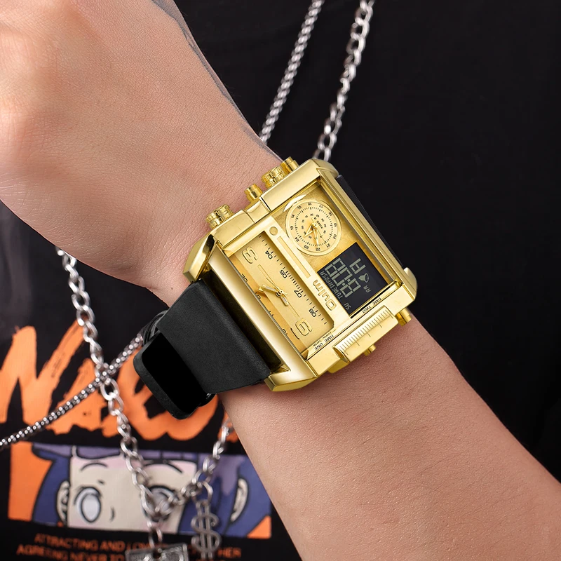 

Часы OULM Мужские с квадратным большим циферблатом, деловые Ретро-часы для мужчин, золотистый, серебристый, черный циферблат, коричневый, бронзовый, черный кожаный ремешок, 2021