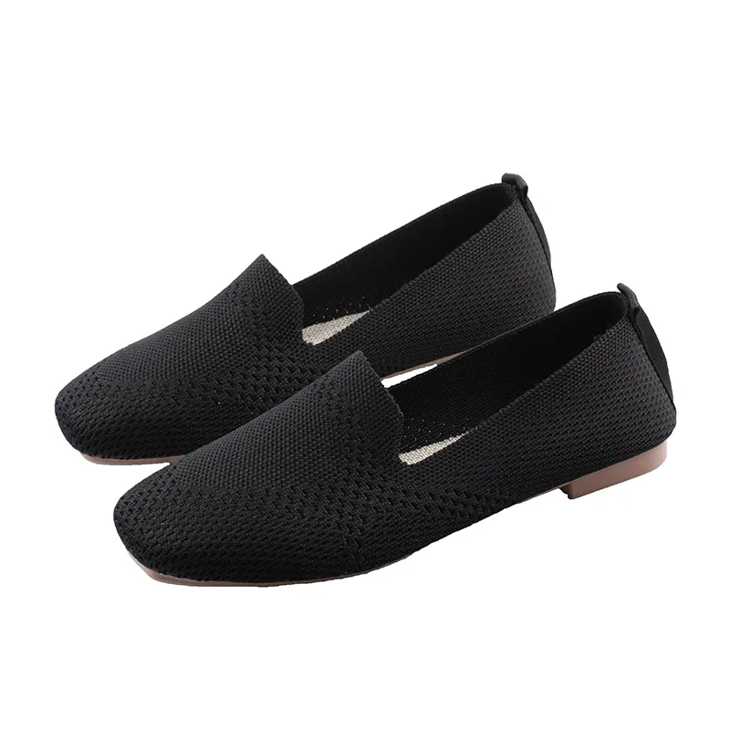 2023 Plus Size Spring New Ballet Flats Women Square Toe Knit Fabric Loafers Breathable Flat Heel Drive Shoes Driving Sneaker