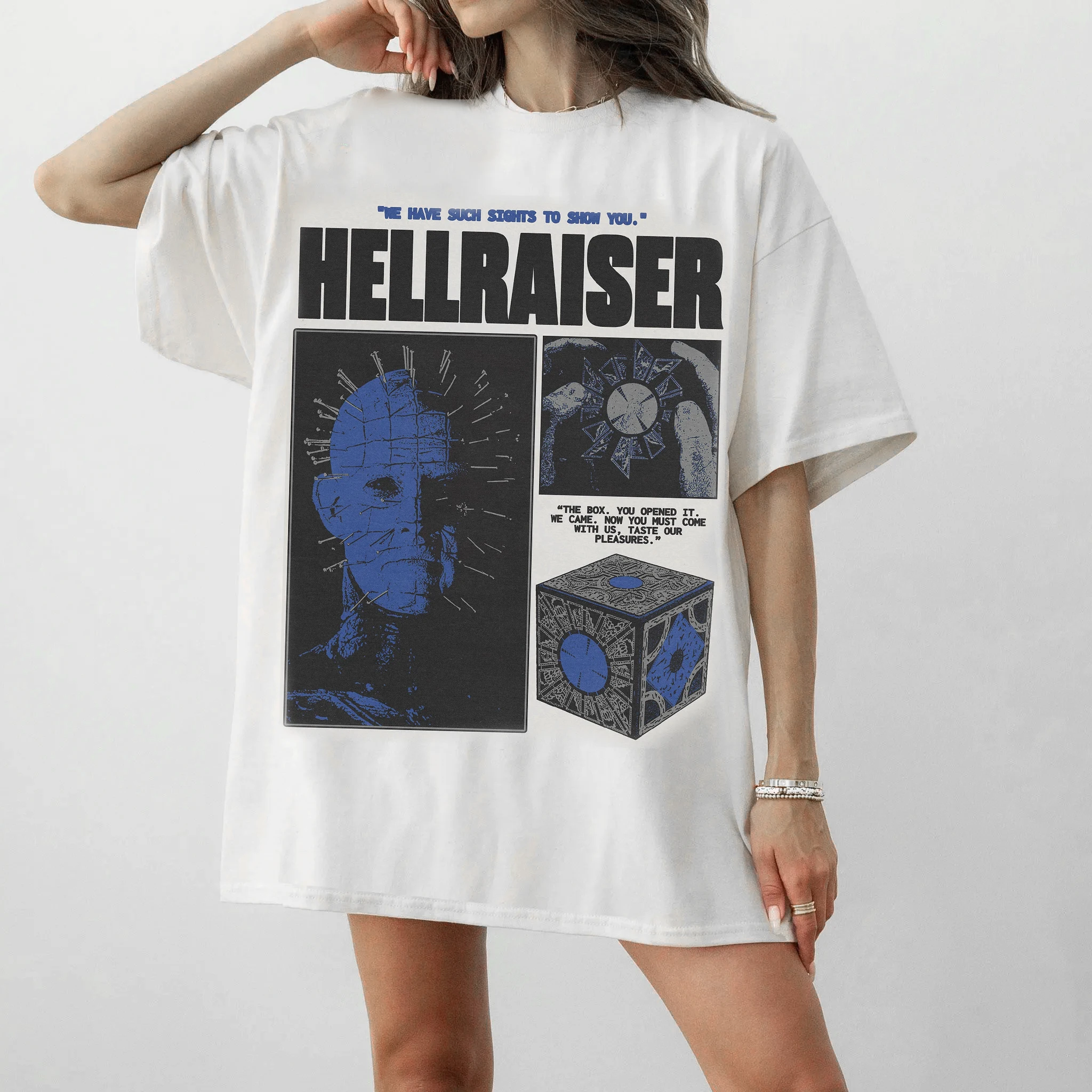 เสื้อยืดสตรีทแวร์ลายหนังสยองขวัญ Hellraiser สไตล์วินเทจสำหรับผู้หญิงและผู้ชาย ทรงโอเวอร์ไซส์ ผ้าฝ้าย เสื้อยืดลำลองเทรนด์ฮาราจูกุ คอกลม