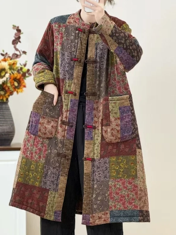 

New Chinese Sle Loose Fit Cotton Jaet Winter Thiened Retro Button Eth Trendy Women's Coat Long Sve Stand Collar