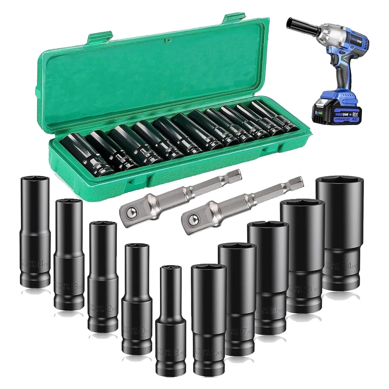 

12Pcs 1/2 Inch Socket Sets 8-24Mm And Storage Box With Driver Socket Extensions For Automotive