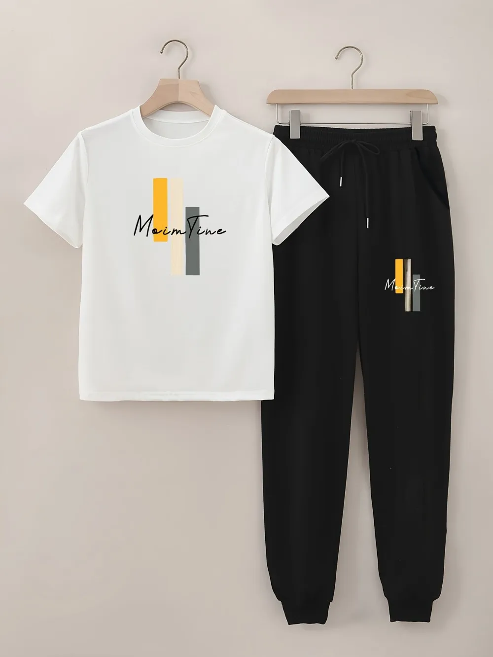 

New men's summer striped letter printed polyester comfortable and breathable round neck T-shirt pants set outdoor casual clothin
