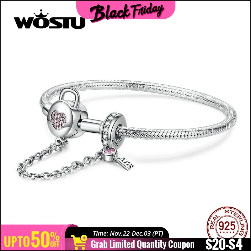 WOSTU 100% 925 Sterling Silver Heart Key Safety Chain Bracelets Pink Zircon Charm Bangle For Women Silver 925 Jewelry CQB143