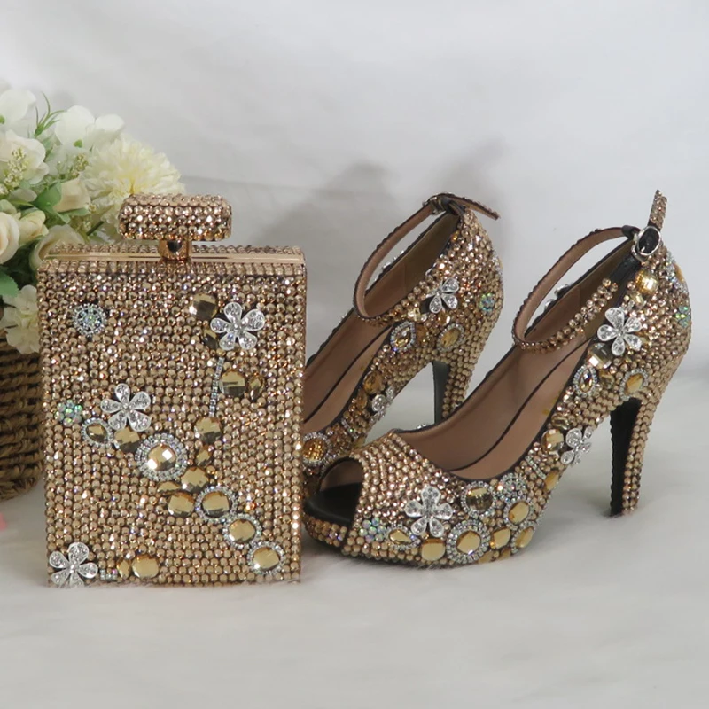 Zapatos de boda de cristal con punta abierta para mujer, bolsos a juego, moda nupcial, zapatos de tacón alto y grueso, zapatos de vestir de fiesta con correa en el tobillo