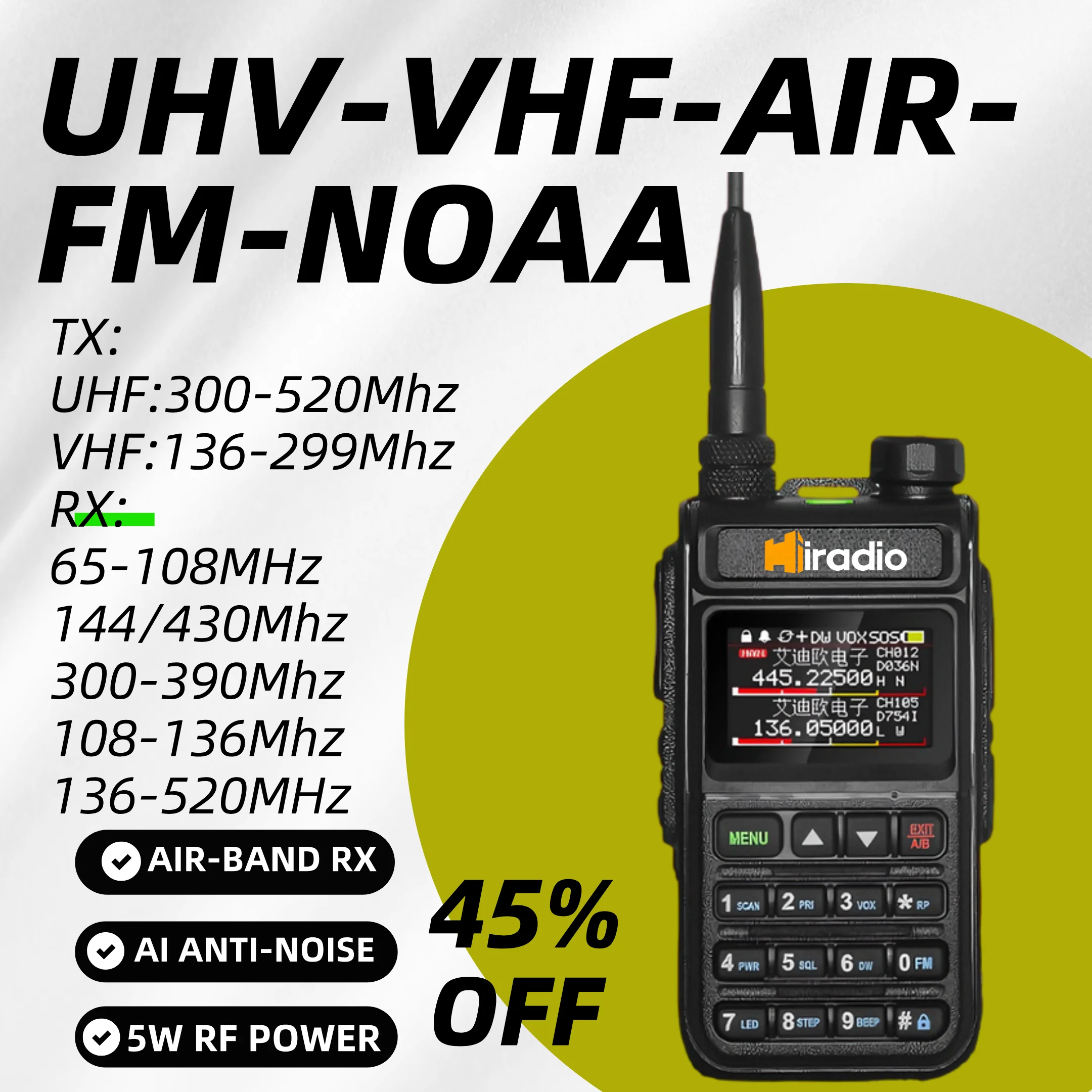 Y23UV-5118 Iradio Radio Amatorskie Pełnozakresowe 2-drożne Radio Komunikacyjne 999 Kanałów Walkie Talkie AM Pasmo Lotnicze Kolorowy Skaner Morski NOAA FM