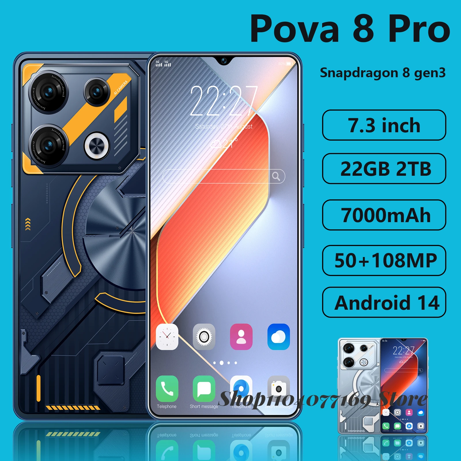 

Original Pova 8 Pro Smartphone 5G 7.3inch HD 22G+2TB Cell Phone Dual SIM Mobile Phones 50+108MP 7000mAh Android 14 Unlocked NFC