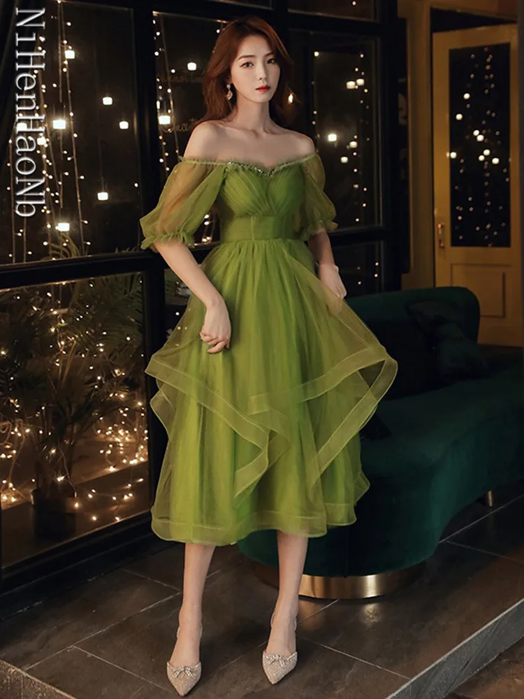 Robes de soirée vert nickel é pour femmes, volants, couches, robe de Rh, robe éducative