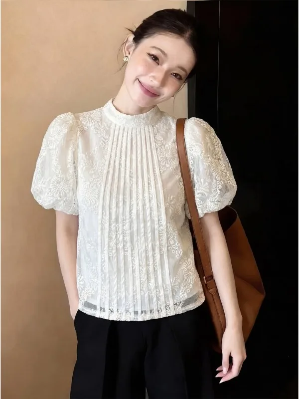 

plus Size 300 Pounds Women's Shirt Elegant Bubble Sleeve Stand Collar Slimming Short Sleeve Versatile Summer Top for Plump MM