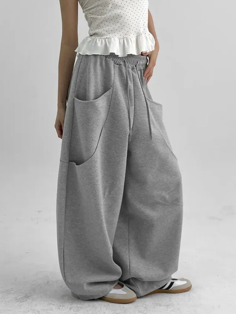Winter Thickened Fleece Women's Wide Leg Pants Casual Sweatpants with Big Pockets Design Comfortable Sports Trousers
