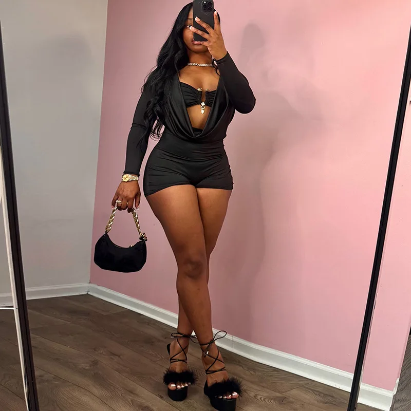 Jumpsuits for Women Sexy Deep V Neck Long Sleeve Romper Solid Color Bodycon Shorts Jumpsuit Club Wear One Piece Going Out Outfit
