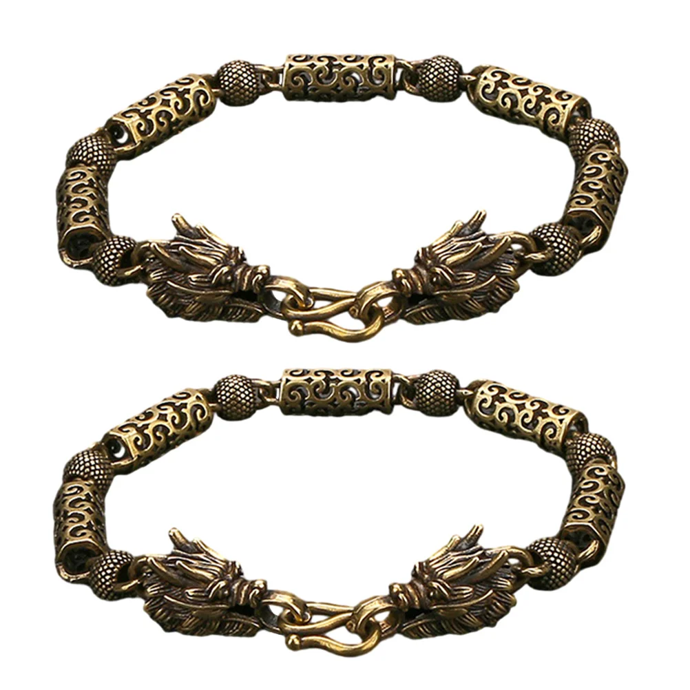 

2 Pcs Pure Copper Faucet Bracelet Charm Dragon Gemstone Bead Chain Beaded Bangle Cuff 3D Men and Women