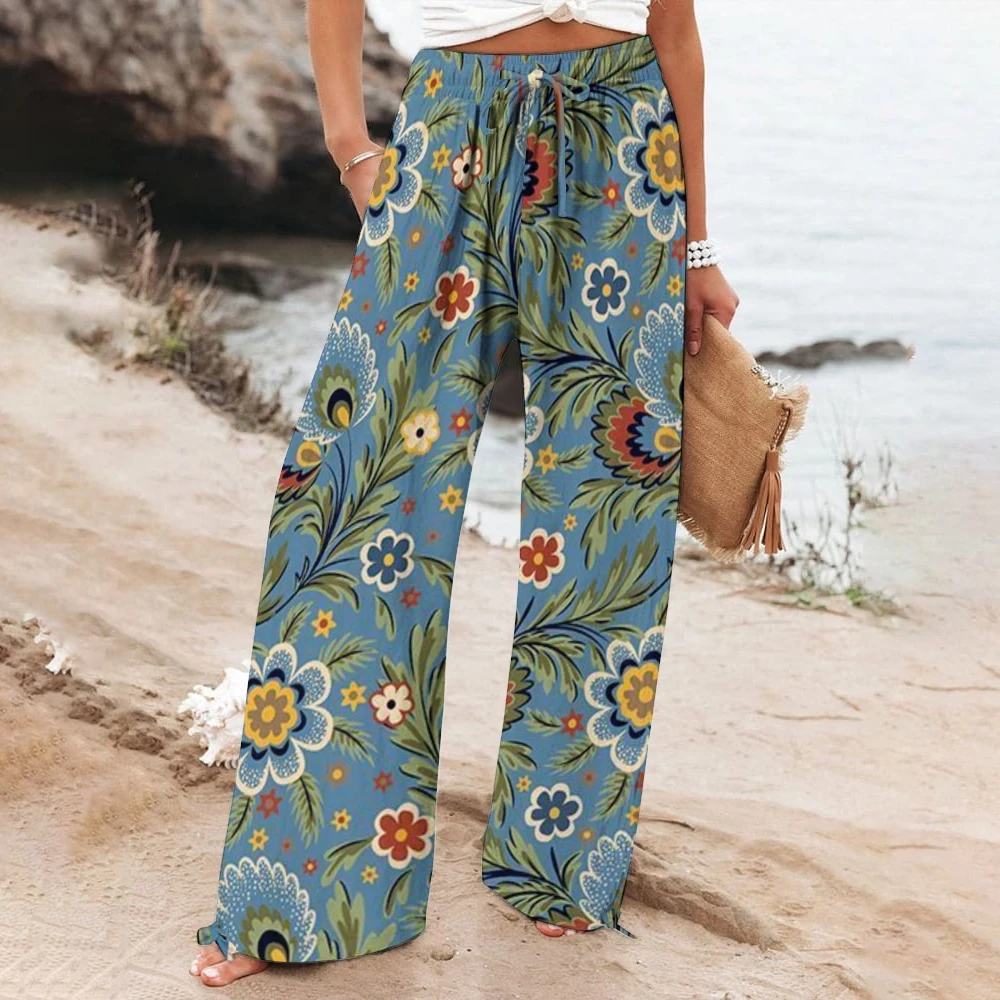 New 3D Floral Print Women's Wide-leg Pants Drawstring Relaxed-Fit Casual Comfortable Breathable Fashionable Wide-Leg Pants