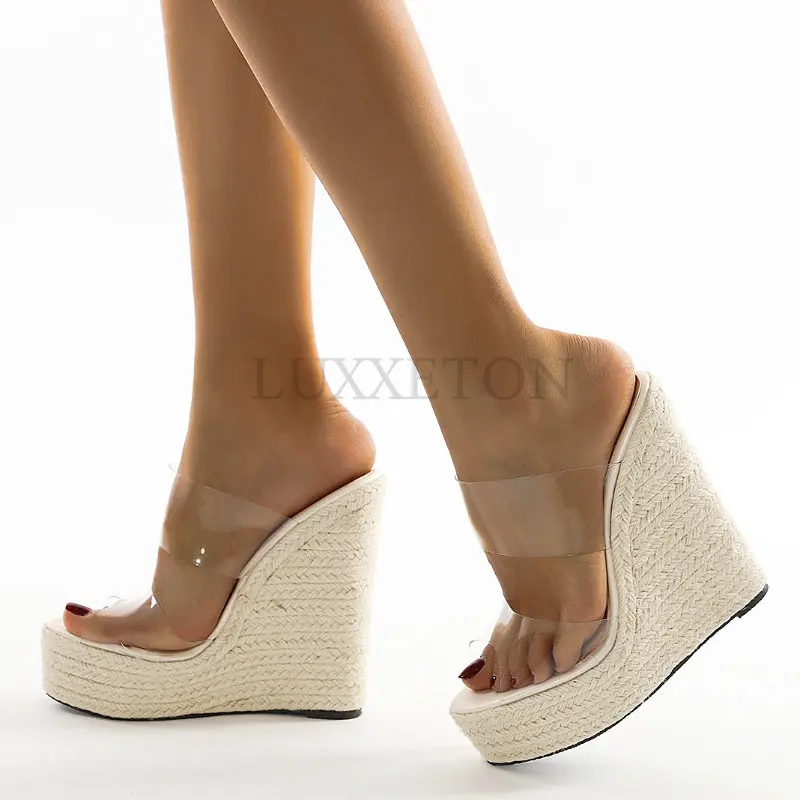 Summer PVC Transparent Peep Toe Cane Straw Weave Platform Wedges Slippers Sandals Women Fashion High Heels Female Shoes