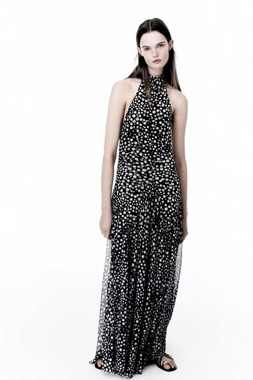 Spring Summer 2025 Polka Dot Ne Hanging Dr Cross-Border Sle Long Fi Tail Gown Soft Polyester Fiber No Sve Women's...