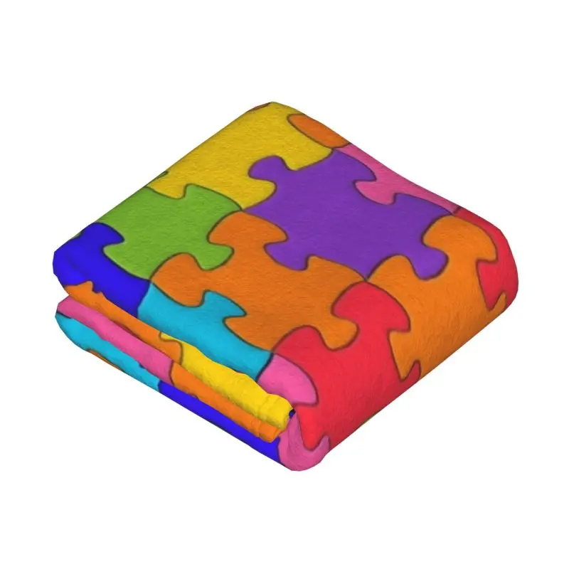 Custom Ultra-Soft Fleece Colorful Puzzle Autism Awareness Throw Blanket Warm Flannel Blankets for Bedroom Car Sofa Quilt