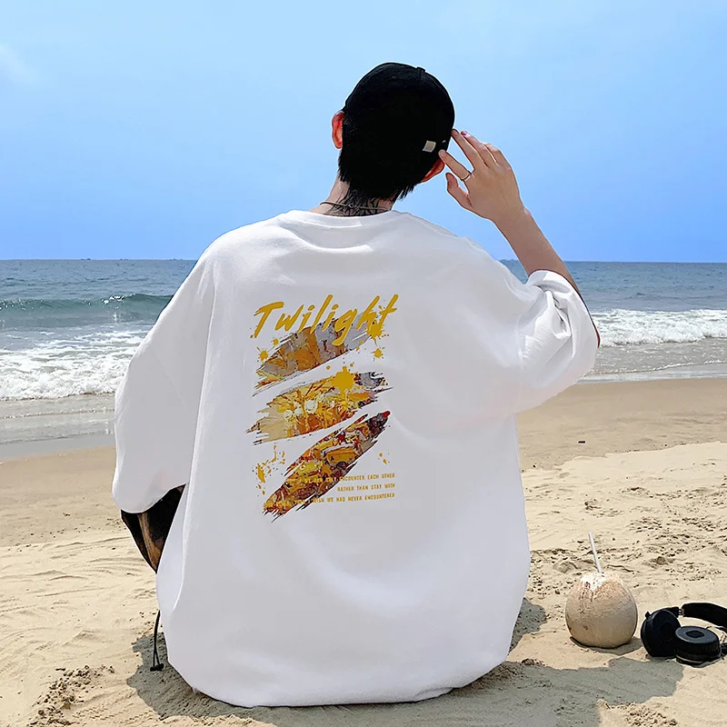 T Shirt Oversized Cotton for Men White Men's Summer T-shirts Twilight Print Male 5XL Casual Wear Tee Shirts Big Size Tshirts