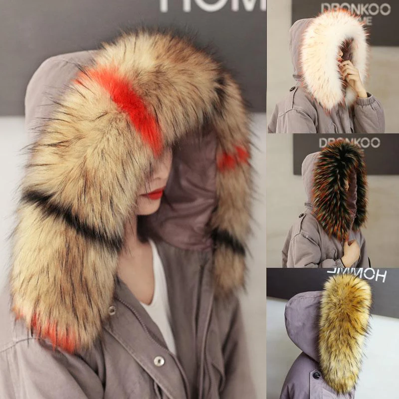 Winter Faux Fur Collar Women Fur Scarf Women Down Jacket's Hood Fur Decor DIY Warm Shawl Wraps Hood Trim with Buttons 70/80/90cm