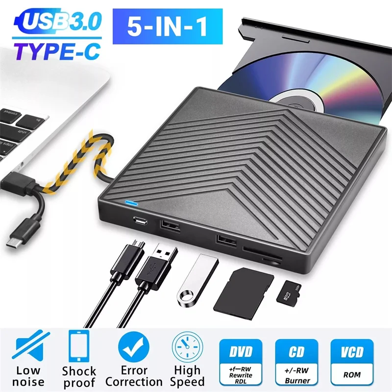 

5 в 1 USB 3.0 Type-c Внешний DVD RW CD-привод считыватель-плеер Оптический привод Внешний для ПК Ноутбук Windows 11 10