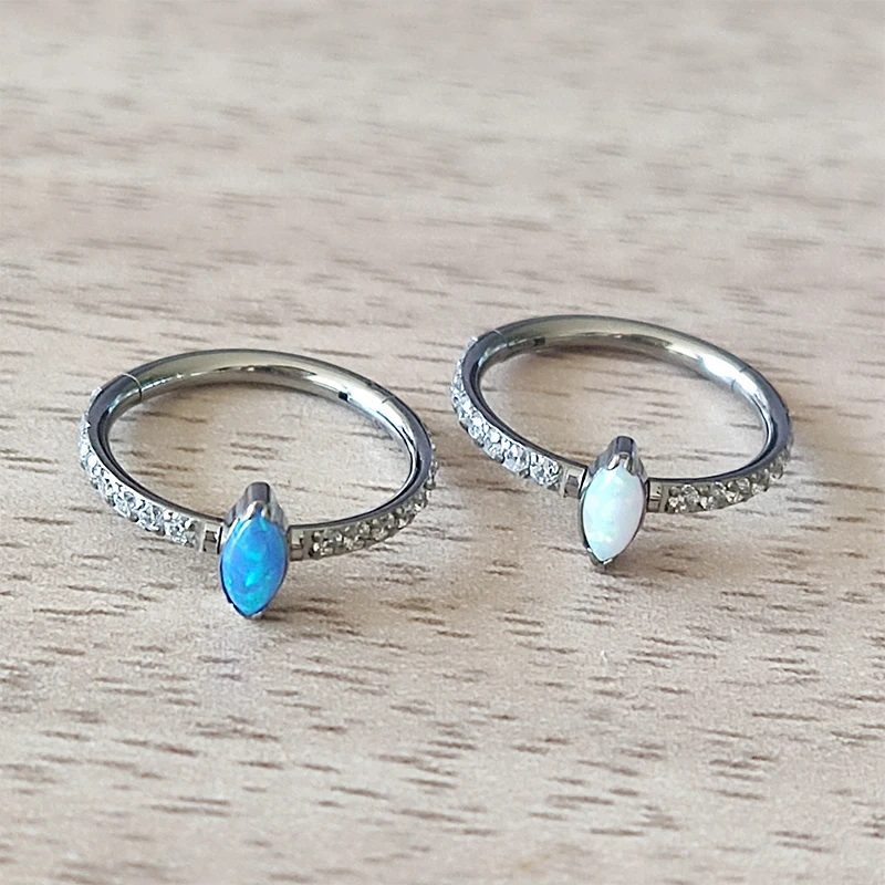 

CZ Pave Side With OPal Marquise Stone Hinged Segment Clicker Hoop G23 Titanium Nose Ring Labret Ear Tragus Piercing Earring 16G