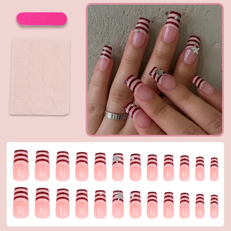 24 Stück Mittellange Quadratische Künstliche Nägel in Rosa-Braun mit Streifen und Süßen Coolen Sternen-Designs, Aufklebenägel mit Vollabdeckung, Modische Spitzen – Detail 2