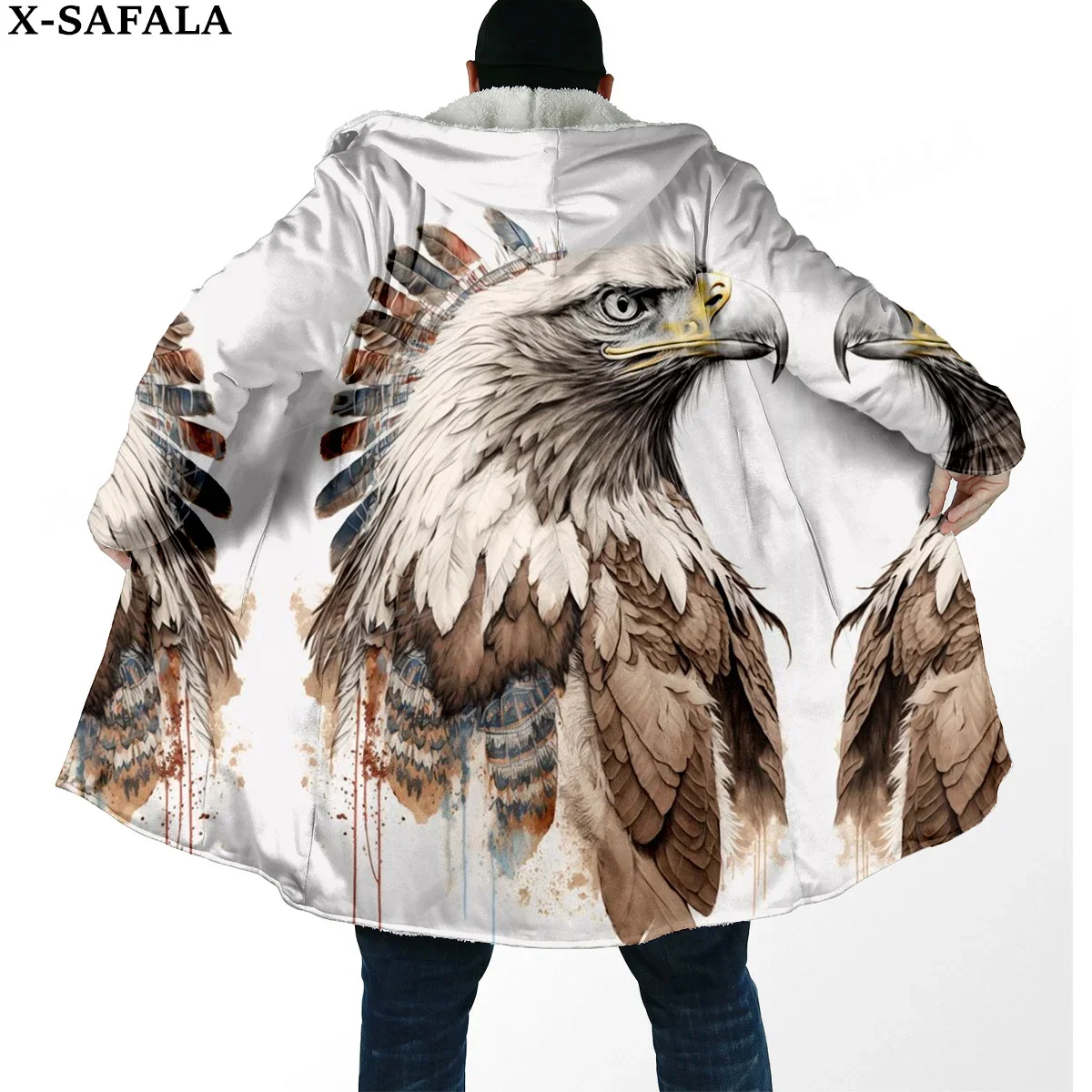 Native Feather Eagle Dream Catcher Print Thick Warm Hooded Cloak Men Overcoat Coat Windproof Fleece Cape Robe Hooded Blanket-1